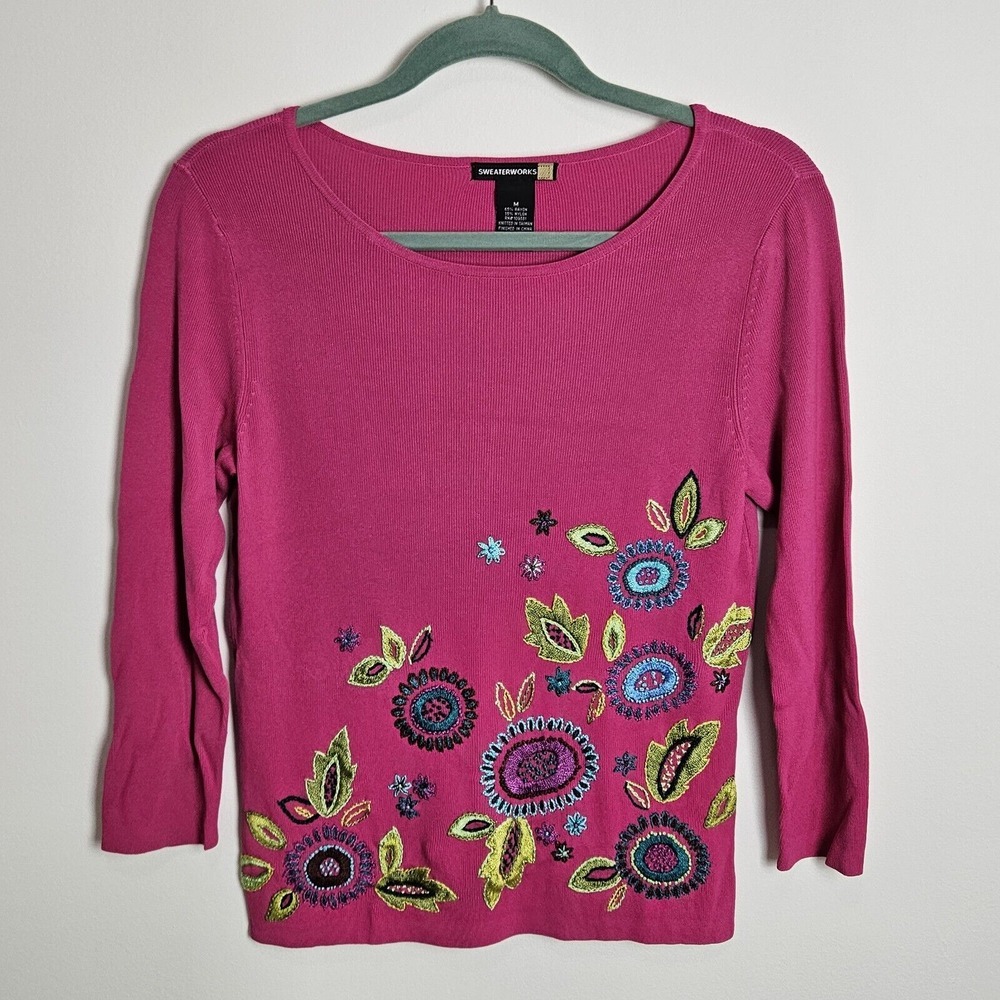 Sweaterworks Knit Top Women's Size M Embroidered Colorful Floral Pink
